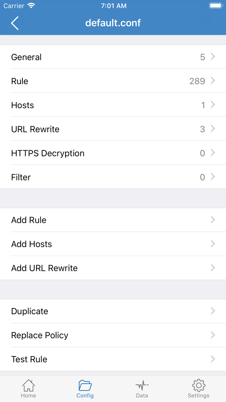 Shadowrocket Config editor showing the General, Rule, Hosts, URL Rewrite, and HTTPS Decryption sections, and Add Rule