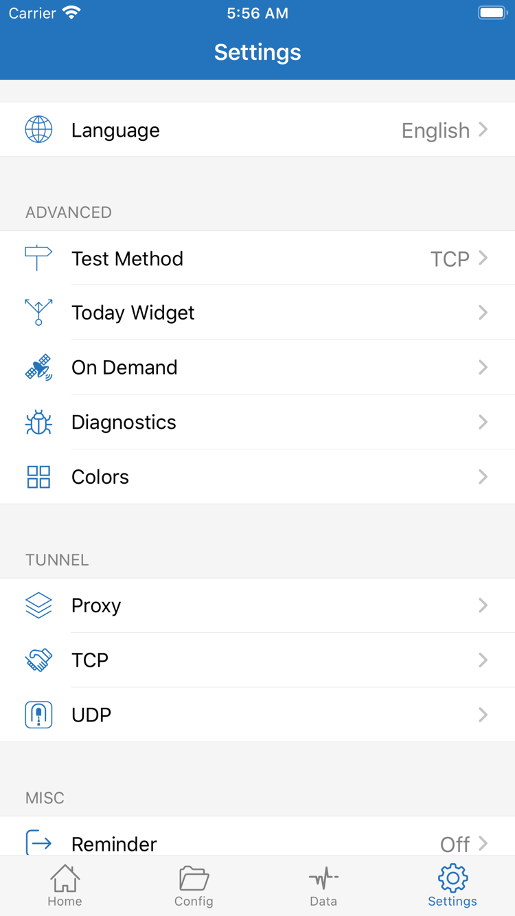 Shadowrocket Settings screen showing Language, Test Method, Today Widget, On Demand, Diagnostics, Proxy, and TCP and UDP settings