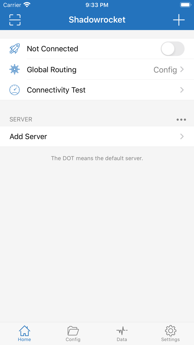 Official Shadowrocket Home screenshot showing Not Connected, Global Routing, Connectivity Test, SERVER, and Add Server